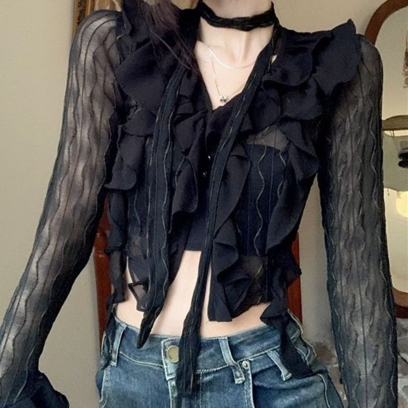 Sexy Gothic Women Lace Blouses Grunge Y2k Crop Top Female Shirts Elegant Black Transparent Cardigan Korean Streetwear