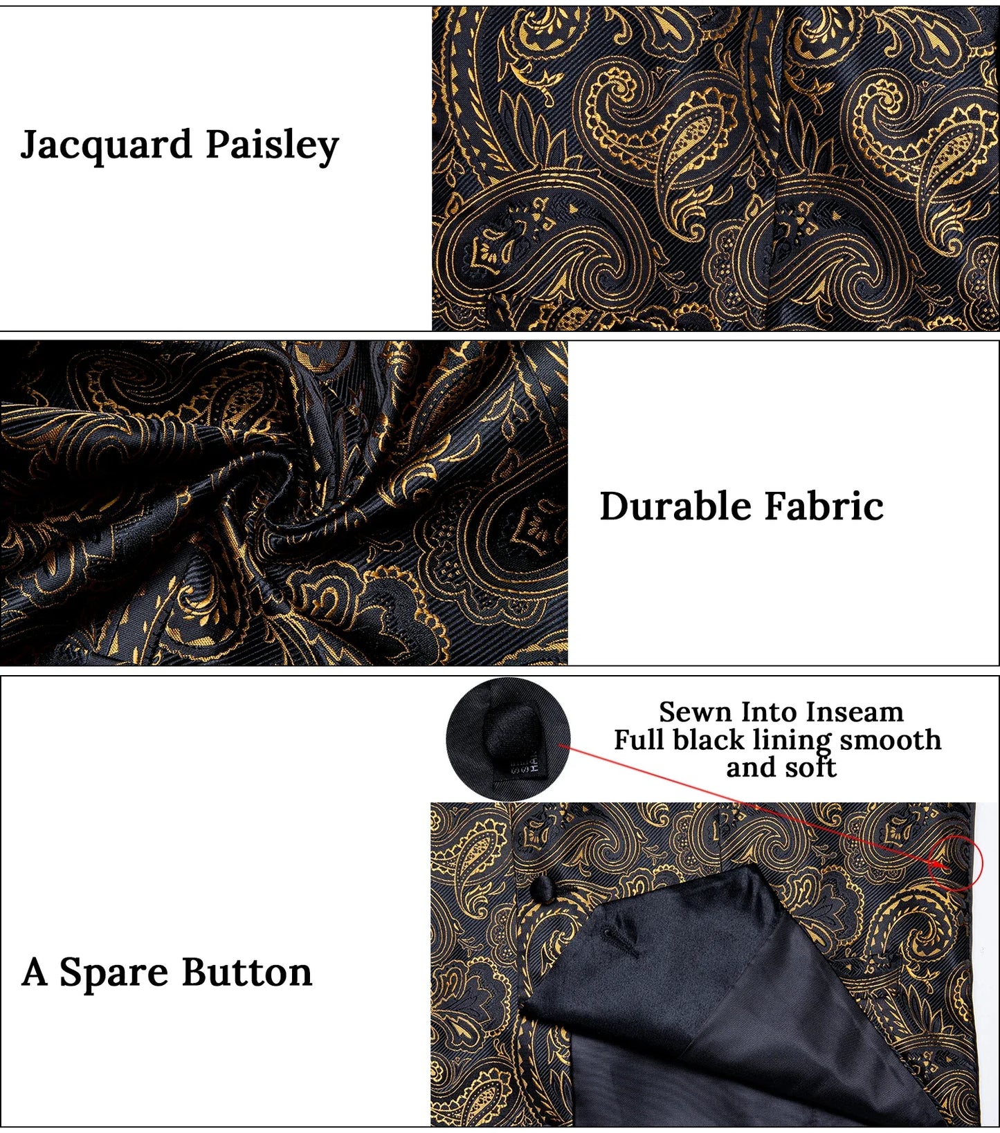 maoxiangshop Brand Suit Vest Set For Men Luxury Silk Black Gold Paisley Dress Vest Tie Cufflinks Handkerchief Set Male Sleeveless Waistcoat