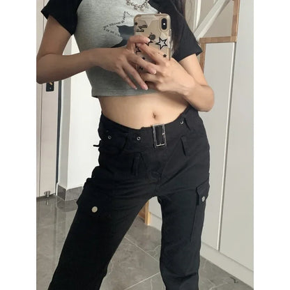 maoxiangshop  -  Y2k Streetwear Cargo Jeans Women Black Gyaru Gothic Grunge Flare Denim Pants Vintage Korean Style Tights Trousers Baddies