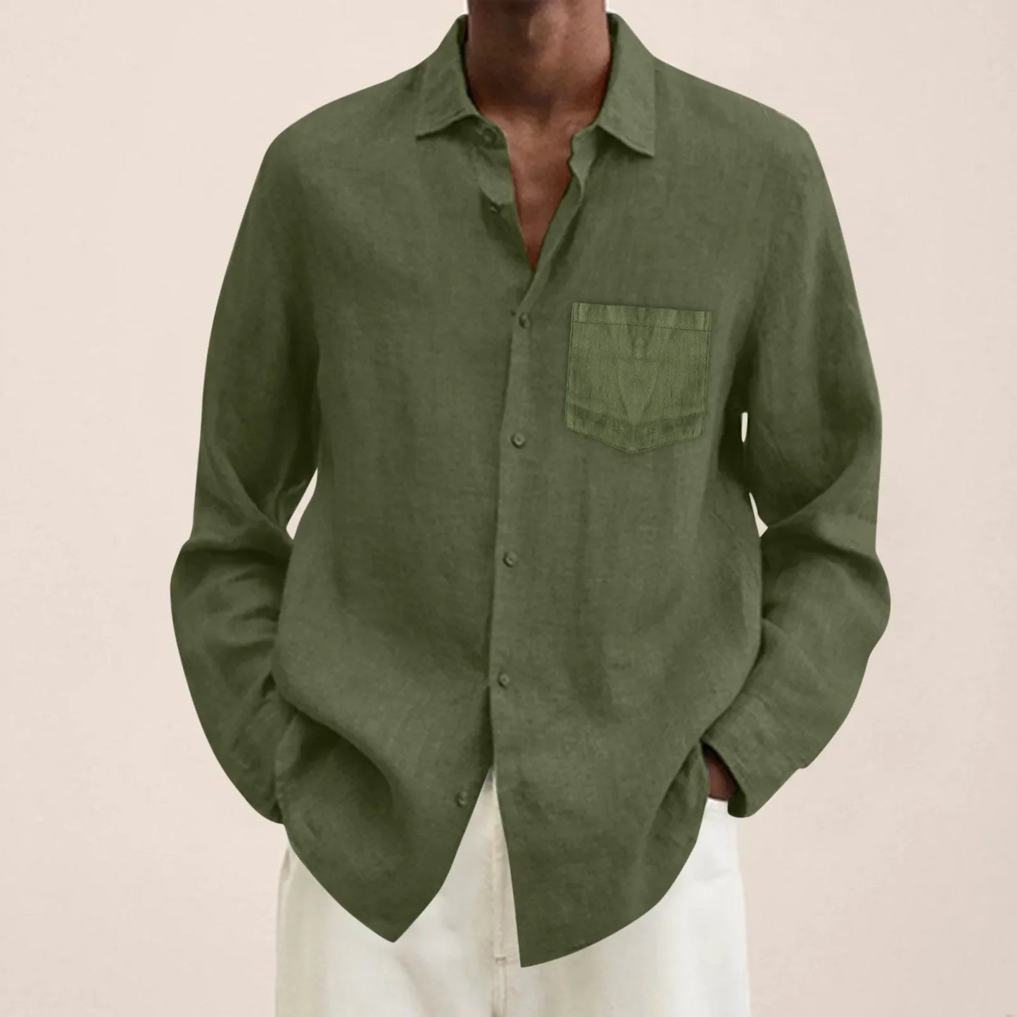 maoxiangshop Male Summer Cotton Linen Solid Casual Plus Size Loose Shirt Mens Turn Down Long Sleeve Shirt
