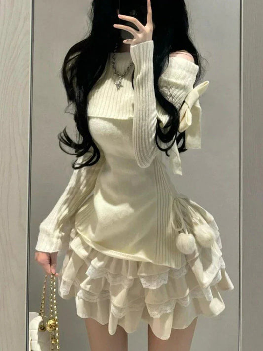 maoxiangshopWinter Kawaii Sweet 2 Piece Set Woman Off Shoulder Bow Knitted Tops + Mini Cake Skirt Female Korean Fashion Casual Suit 2024 New