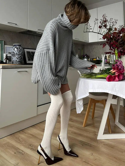 maoxiangshop  -  Women Elegant Grey Turtleneck Knitted Pullover Female Autumn Winter Long Sleeve Loose Sweater Basic Simple Lady Street Jumpers