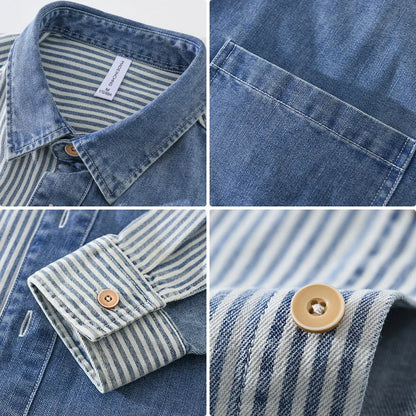maoxiangshop New Men's Denim Shirts Spring High Street Loose Long Sleeves Jean Tops Stripe Patchwork Designer Shirt Youth Fashion Overshirt