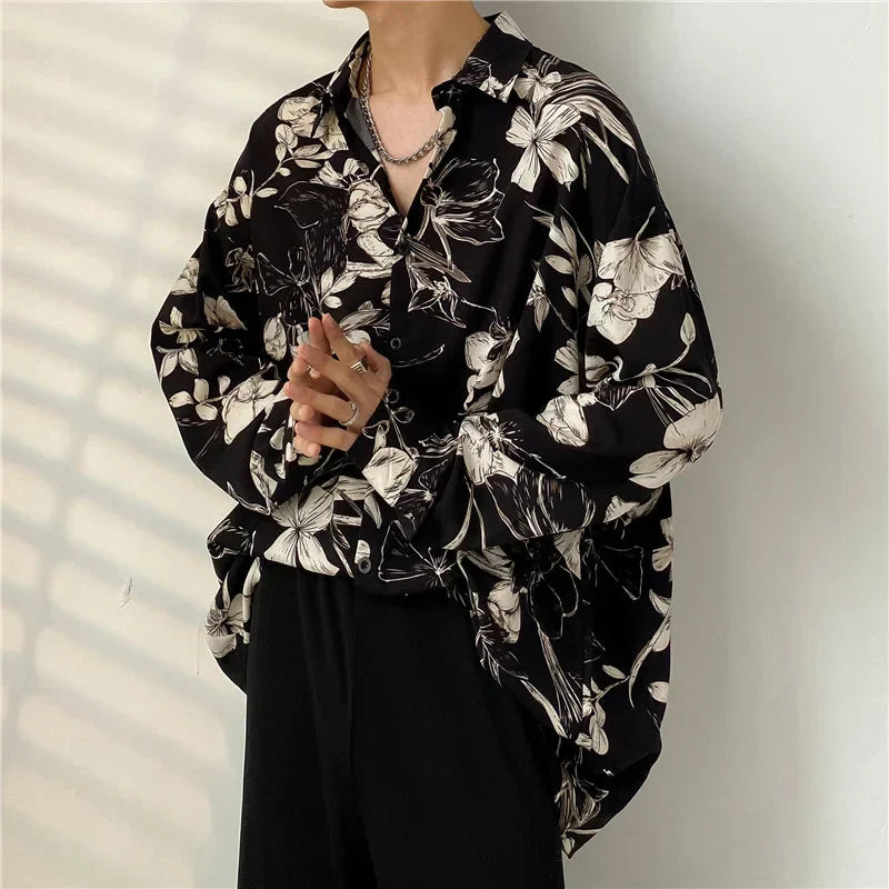 maoxiangshop Spring Black Long-sleeved Shirt Men Fashion Society Mens Dress Shirt Korean Loose Casual Flower Shirt Mens Print Shirt M-3XL