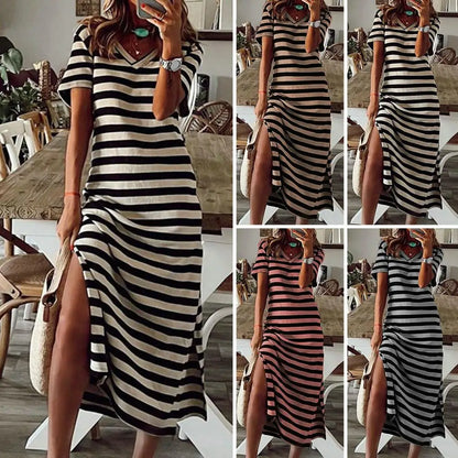 maoxiangshop Summer Dresses Woman Plus Size Dresses For Women Casual Stripe Print V-neck Short Sleeve Loose Long Dress Robe Femme