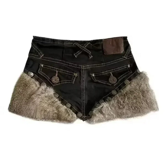 maoxiangshop  -  Spring and Autumn Hairy Splicing Denim Skirt Spicy Girl New Fashion Punk Style Plush High Waist Slimming Short Skirts for Women