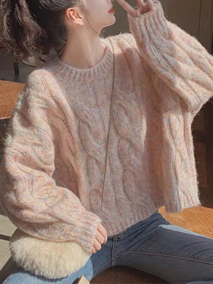 maoxiangshop Japan Sweet Women Knitted Sweater Fashion Loose Preppy Style Jumper Lazy Wind O Neck Long Sleeve Fall Lady Wool Pullovers