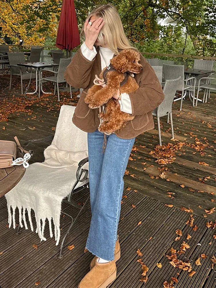 maoxiangshop  -  Vintage Brown Lace Up Women's Coats Quilted V-neck Pockets Long Sleeve Warm Jacket 2024 Autumn Winter Lady All-match Outwear