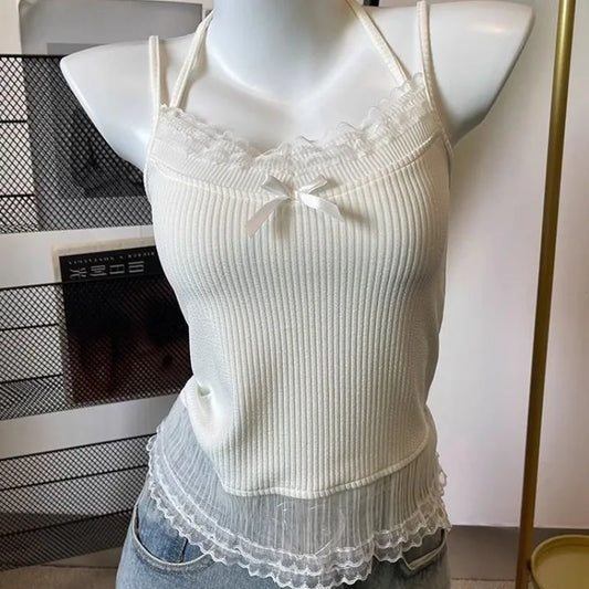 maoxiangshop White Lace Bow Tank Top Female Corset Women Halter Strap Basic Cute Female Sleeveless Mesh Shirt Korean Style Trend 2024 Summer