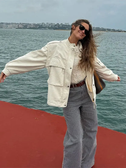 maoxiangshop  -  Women Autumn Single Breasted Zipper Solid Jacket Chic Stand Collar Long Sleeves Loose Coat Elegant Lady Commuting Outerwear