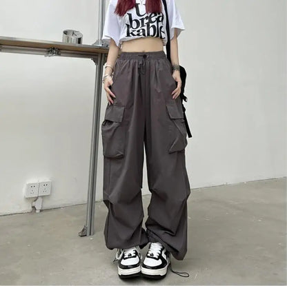 Women Casual Tech Pants Drawstring Black Low Waist Wide Leg Trousers Oversized Sweatpant Baggy Joggers Y2k Streetwear Cargo Pant