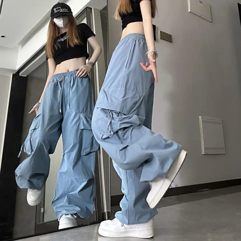 maoxiangshop Hip Hop Y2K Cargo Pants Women Streetwear Harajuku Big Pockets Casual Trousers Korean Loose High Waist Design Solid Pants Z