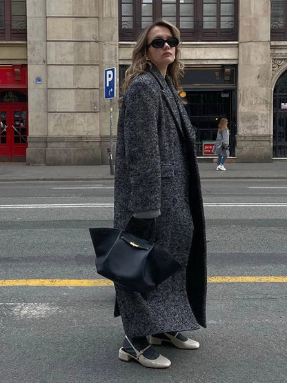 maoxiangshop  -  Elegant Gray Long Coat Women Woolen Double Breasted Turn-down Collar Oversize Thick Outwear 2024 Autumn Chic Casual Overcoat