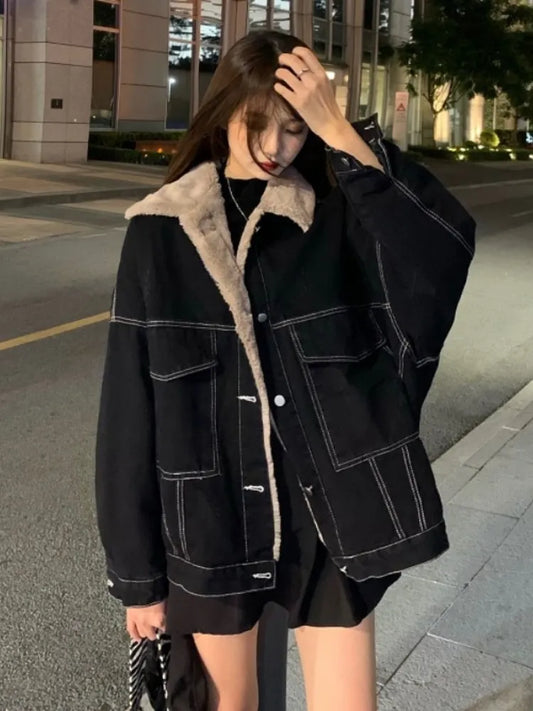 maoxiangshopNew Korean Fashion Winter Women Coat Warm Lapel Denim Thick Jacket Casual Work Clothes Cotton Padded Jackets for Women Tops