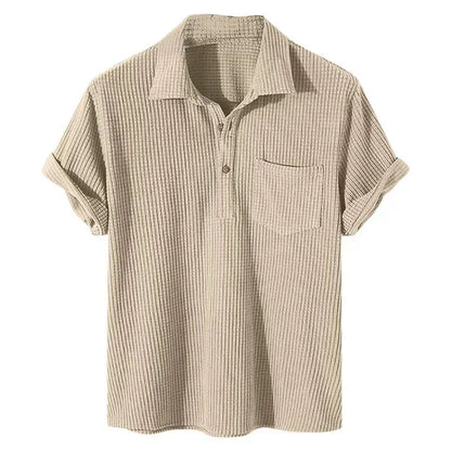 maoxiangshop Summer Mens Casual Plaid Polo Shirts Top Turn-Down Collar Button Blouse Short Sleeve Solid Pocket Blouse Shirt Men Clothing