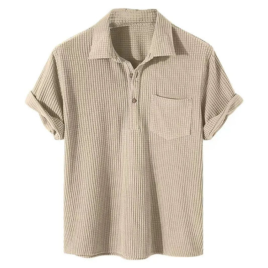 maoxiangshop Summer Mens Casual Plaid Polo Shirts Top Turn-Down Collar Button Blouse Short Sleeve Solid Pocket Blouse Shirt Men Clothing