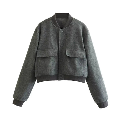 maoxiangshop  -  Fashion Solid Basball Coat Women Elegant O-Neck Oblique Pocket Short Coat Spring Autumn Casual Ladies Restro Jackets Coats