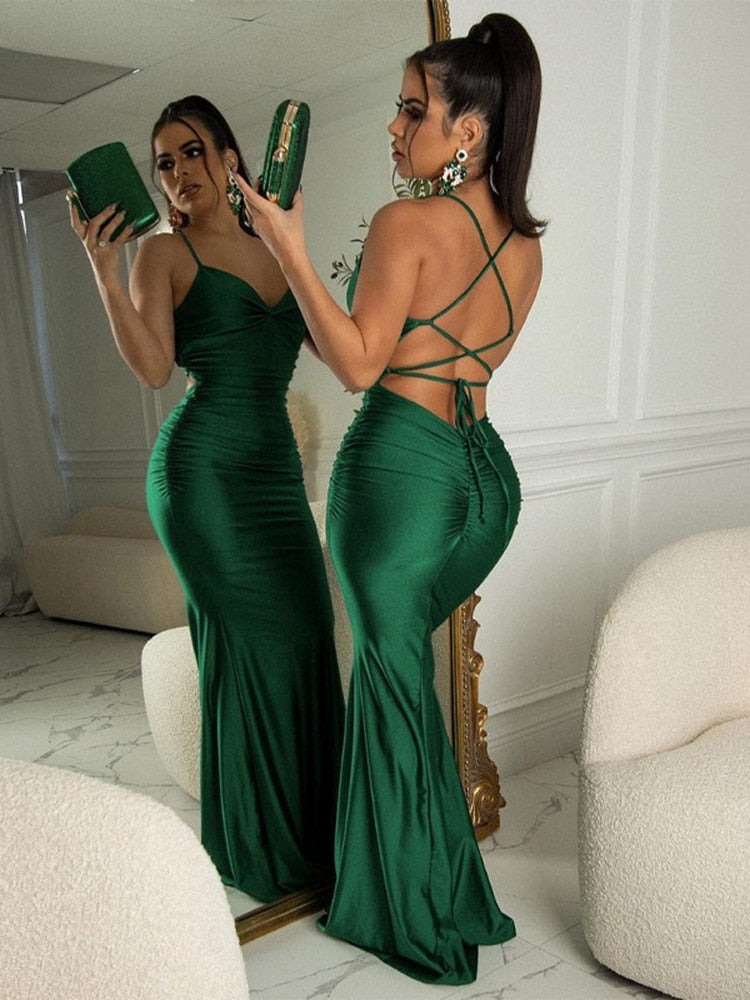 Women Party Dress New Arrivals Maxi Satin Bodycon Dress Green Halter Dress Backless Sexy Celebrity Club Night Dresses