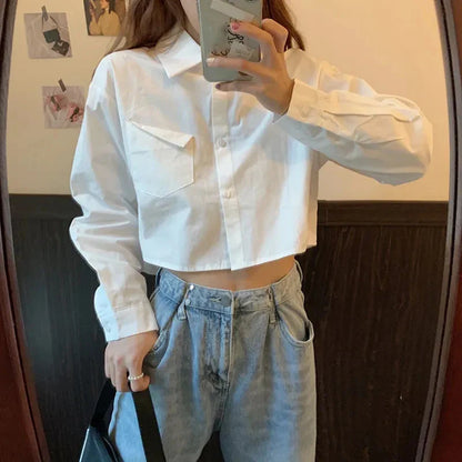 maoxiangshop White Shirt For Women 2024 Spring Summer Casual Wild Long Sleeve Crop Tops Female Japanese Style Student Pocket Cropped Blouses