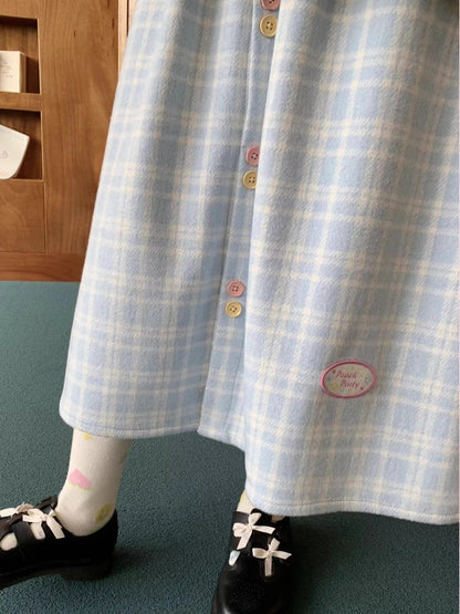 maoxiangshop Kawaii Plaid Skirt Women Winter Elastic Waist A-line Button Patchwork Cute Blue Woolen Long Skirt Harajuku Fashion