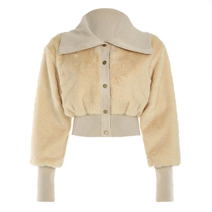 maoxiangshop  -  2024 Winter Faux Fur Patchwork Jackets Women Turn Down Collar Long Sleeve Single Breasted Warm Crop Coats Top Street Outerwear