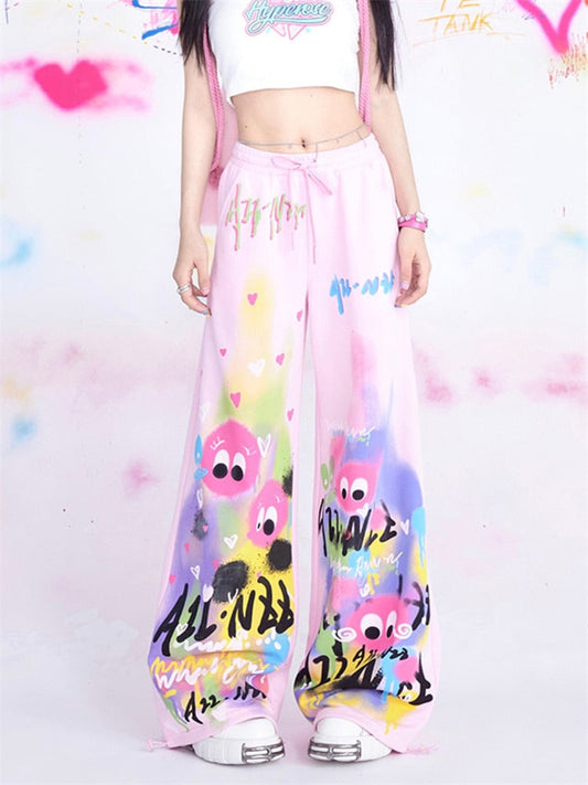 maoxiangshopJapanese Y2K Graffiti Sweatpants Women Harajuku Kawaii Cute Pink Sports Pants Oversized Subculture Egirl Wide Trousers