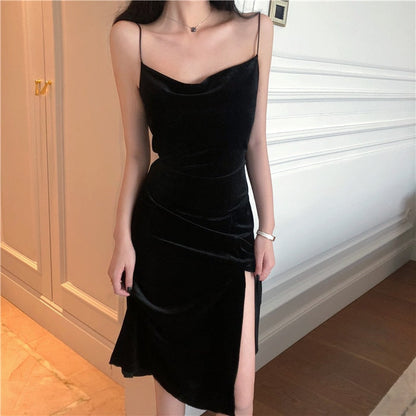 maoxiangshop New Vintage Women Dress Spaghetti Strap Slit Velvet Black Dress Sexy Bodycon Bandage Dress Midi Party Dress Verano Vestidos