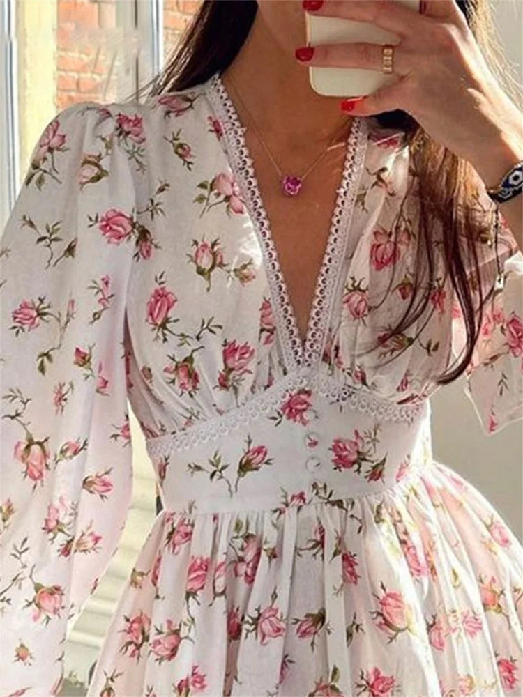 maoxiangshop Elegant Women Floral Print Short Mini Dress Long Lantern Sleeve Deep V Neck High Waist A-Line Dresses Female Vestidos