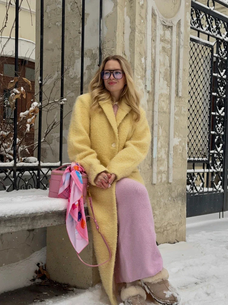 maoxiangshop  -  Retro Lambwool Solid Long Coats Women Elegant Loose Lapel Single Breasted Plush Coat Female Winter Warm Chic Street Overcoats