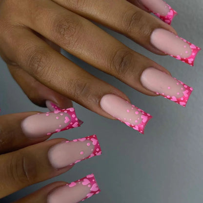 maoxiangshop 24pcs/set ballet short fake nails for Valentine's Day cute heart with glitters french white square tips press on false nail art