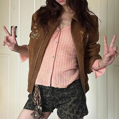 maoxiangshop  -  cute winter outfits Cat Embroidery Brown Heavy Embossed Suede 2024 Jacket Women Autumn Winter Vintage Long Sleeve Leather Coat Fashion Eco Top