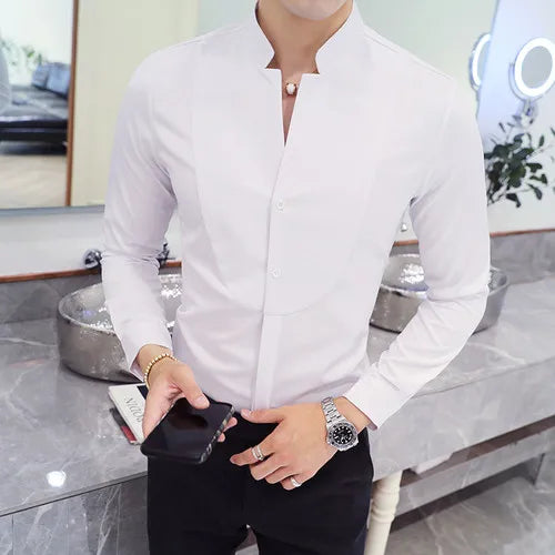 maoxiangshop Mens Long Sleeve Shirt High Quality Stand Collar Casual Slim Solid Color Summer Fashion Men's Clothing Shirt Oversized Size 5XL