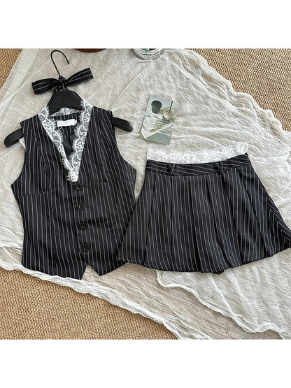 maoxiangshop Summer Women Korean Fashion Vacation Kpop 2000s Aesthetic Striped Outfits 2 Piece Set Lace Vest + Y2k Preppy Mini Pleated Skirt