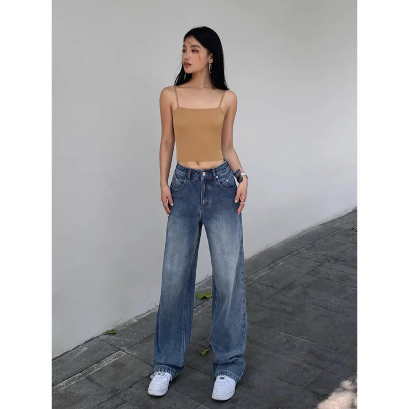 maoxiangshop Blue Women Jeans High Waist Fashion American Vintage Streetwear Y2K NEW Wide Leg Jean Female Denim Trouser Baggy Denim Pants