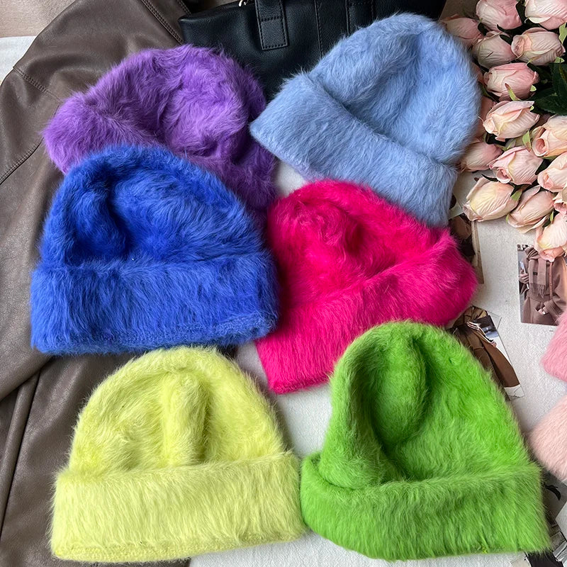 maoxiangshop New Fashion Rabbit Fur Y2k Beanies for Women Soft Warm Fluffy Angola Winter Hat Female Windproof Bonnet Hat Skullies Cap