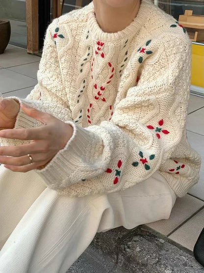 maoxiangshop  -  Korean Fashion Jacquard Sweater Women Round Neck Long Sleeve Knitted Pullover Autumn Winter Simple Casual Chic Jumper 2024 New