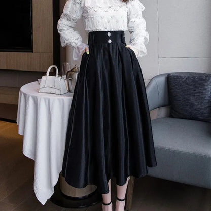 maoxiangshop Big Swing High Waitsed Black Skirts Women Fashion Pleated Satin Midi Skirt Woman Pearls Button Long Party Skirts Ladies