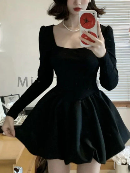 maoxiangshop Winter French Elegant One Piece Dress Women Black Patchwork Vintage Party Mini Dress Female Korean Style Sweet Chic Dress