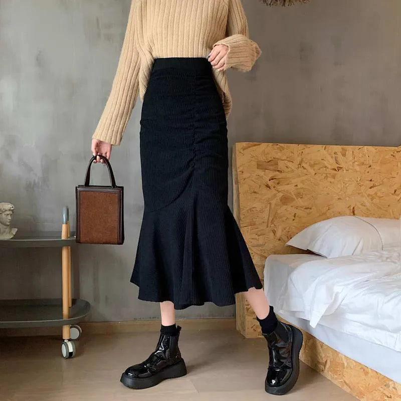 maoxiangshop Fashion High Waist Midi Skirts for Women Spring Slim Fit  Hip Mermaid Skirt Woman Korean Ruffles Brown Skirts 2XL