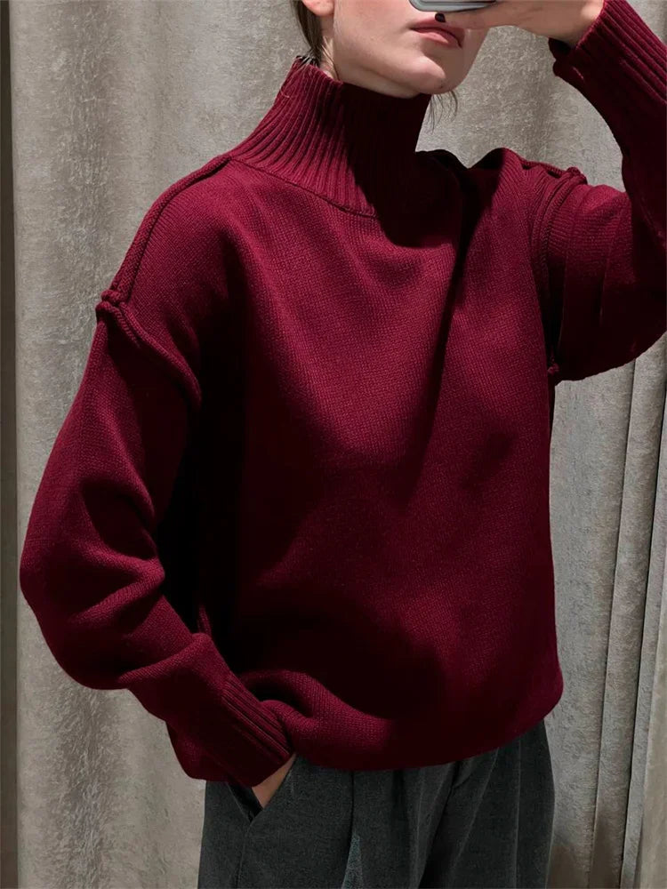 maoxiangshop  -  Winter Knit Turtleneck Pullover Female Clothes Loose Casual Ribbed Patchwork Long Sleeve Oversized Sweater Women Knitwear New