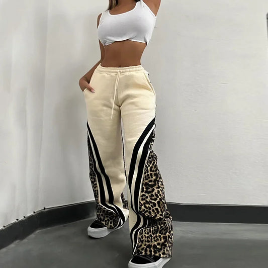 maoxiangshop  -  Stripe Leopard Patchwork Women Flare Pants 2024 Autumn Drawstring High Waist Loose Casual Streetwear Trousers Female Sweatpants