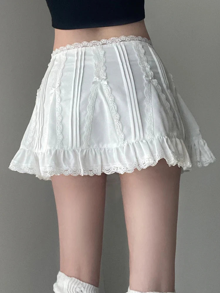 maoxiangshop Casual Slim Solid Lace A-Line Skirt Coquette Style Bow Mid-Waisted Mini Skirts Women Summer Fashion Streetwear Lady