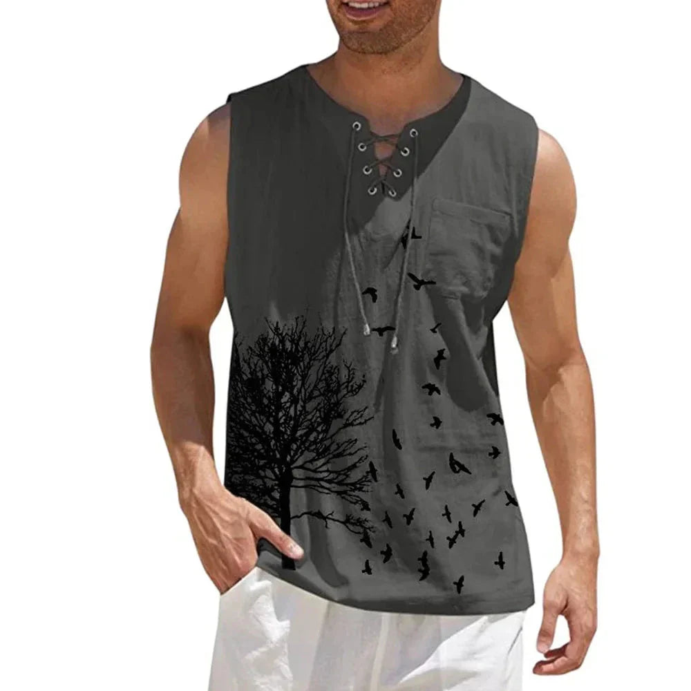 maoxiangshop Plus Size 4xl 5xl Mens Boho Tree Birds Print Shirts Summer Bandage Tops Men Sleeveless Blouse Male Pullovers Casual Shirt