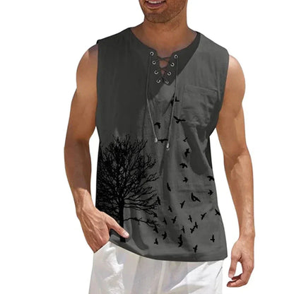 maoxiangshop Plus Size 4xl 5xl Mens Boho Tree Birds Print Shirts Summer Bandage Tops Men Sleeveless Blouse Male Pullovers Casual Shirt