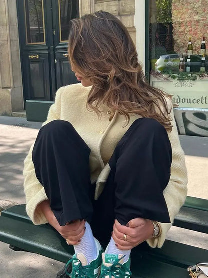 maoxiangshop -  Elegant O Neck Woolen Jacket For Women Casual Loose Long Sleeve Warm Coat Female Fashion Autumn Chic Office Lady Streetwear