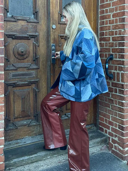 maoxiangshop  -  Chic Women Denim Patchwork Loose Cardigan Casual V Neck Long Sleeve Pocket Coat Autumn Lady Commuting Jacket High Street Outwear