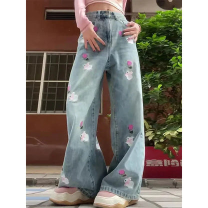 maoxiangshop Women's Blue Jeans Baggy Harajuku Aesthetic Embroidery Denim Trousers Y2k Oversize Wide Jean Pants Vintage 2000s Trashy Clothes