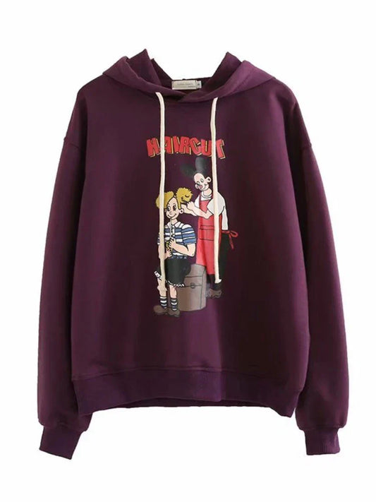 maoxiangshop Purple Cartoon Print Women Hooded Sweatshirt Autumn Winter Girl Sporty Chic Hoodies Sweet Style Casual Pullover Tracksuits