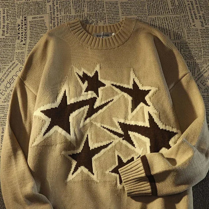 maoxiangshop Autumn and Winter Sweater Men Women American Style Star Print Loose Knitted Pullover High Street Harajuku Oversize Tops Y2K New