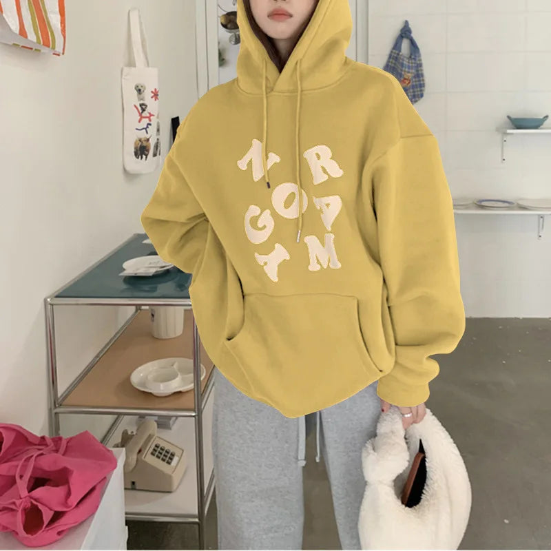 maoxiangshop Korean Autumn Winter Letter Print Hoodie Women Casual Long Sleeve Pullover Tops Hood Shirt Harajuku Oversize Sweatshirt Y2k 후드티
